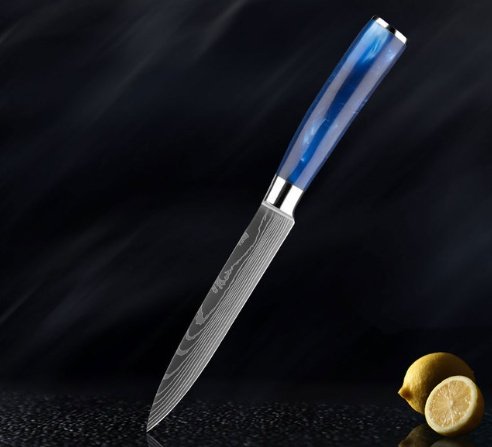 Damascus Pattern Blue Resin Handle Kitchen Knife Set - Image 6