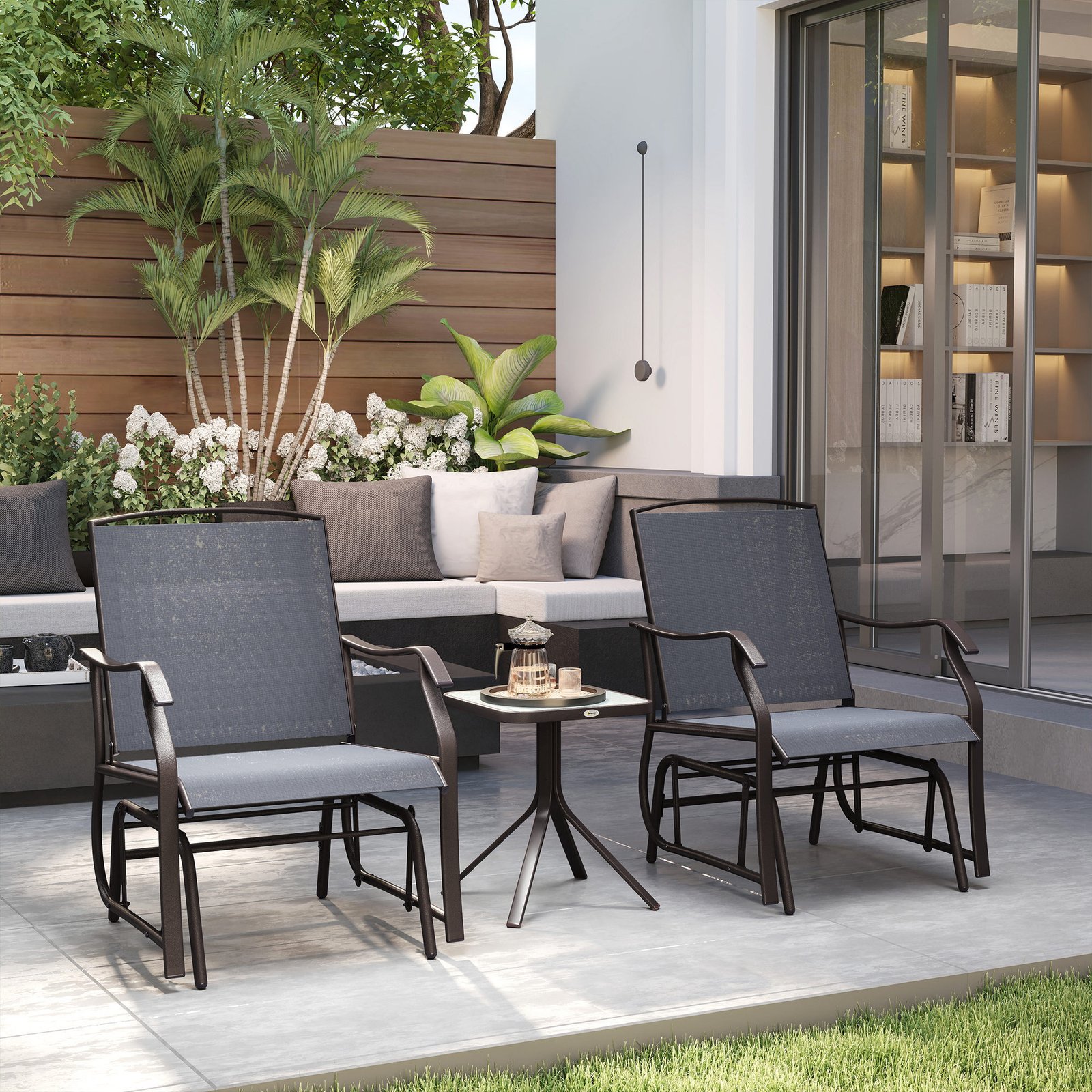 Glider Rocking Chair & Table Set 2 Single Seaters Rocker Garden Swing Chair Patio Furniture Bistro Set Grey - Image 2