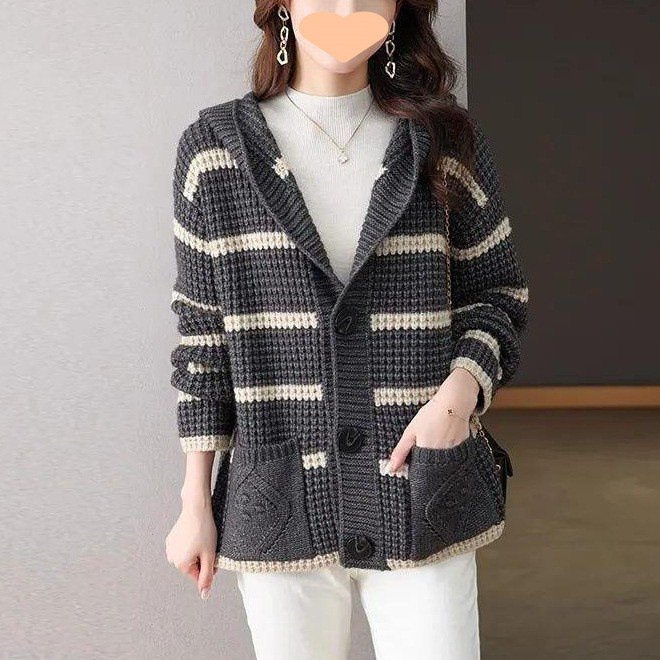 Retro Striped Hooded Cropped Sweater Coat - Image 5