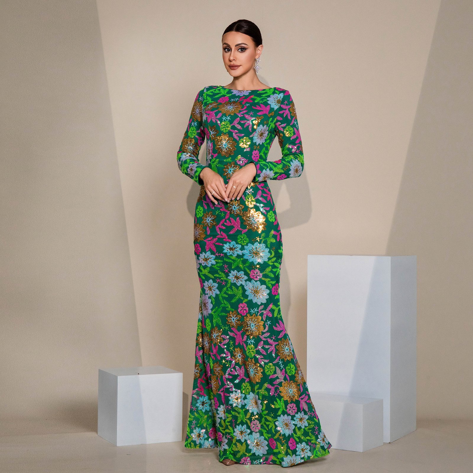 Evening Gown Long Sleeve Temperament Crew Neck Long Sequined Banquet Bridesmaid Dress - Image 7