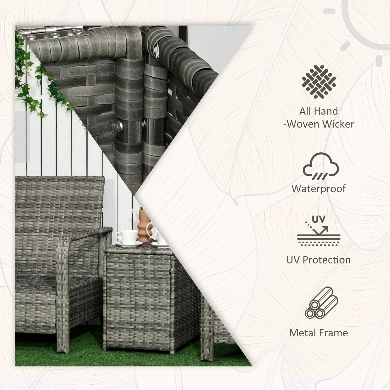 3 Pieces Rattan Bistro Set, Wicker Garden Furniture Set With Storage Coffee Table And Chairs, Thickened Cushions For Outdoor, Patio, Balcony, Orange - Image 4