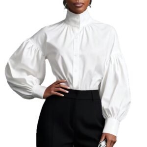 Stylish And Elegant Womens Pleated High-neck Blouse With Puffed Sleeves