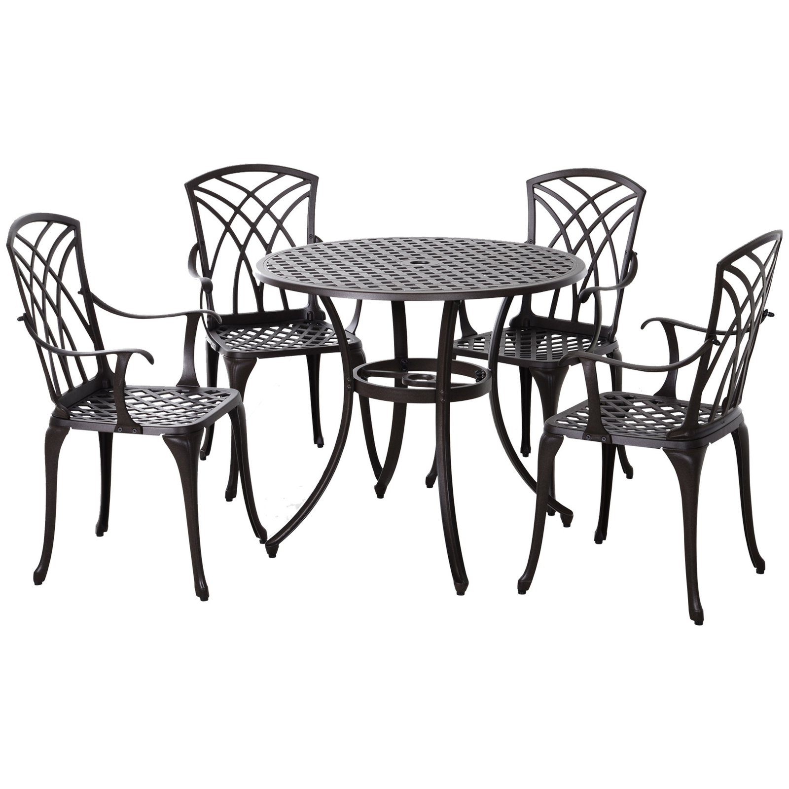 5 Pieces Garden Dining Set For 4, Cast Aluminium Outdoor Dining Set With 4 Armchairs And Round Dining Table With Parasol Hole, Garden Furniture Set, Brown
