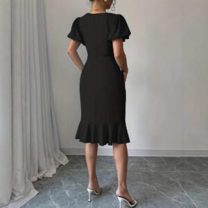 Solid-color Bubble-sleeve Mermaid Slimming Dress