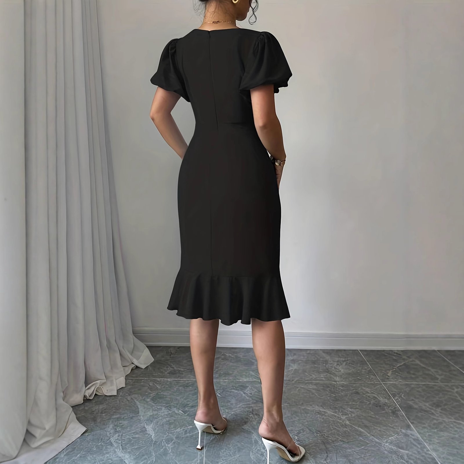 Solid-color Bubble-sleeve Mermaid Slimming Dress - Image 2