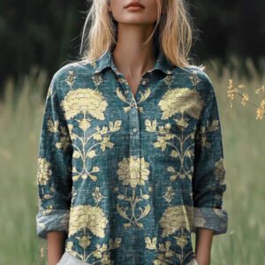New Casual Printed Floral Button Polo Collar Top Shirt For Women