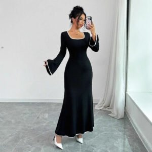 Temperament Square Neckline Famous Style Color Block Slim And Elegant Dress