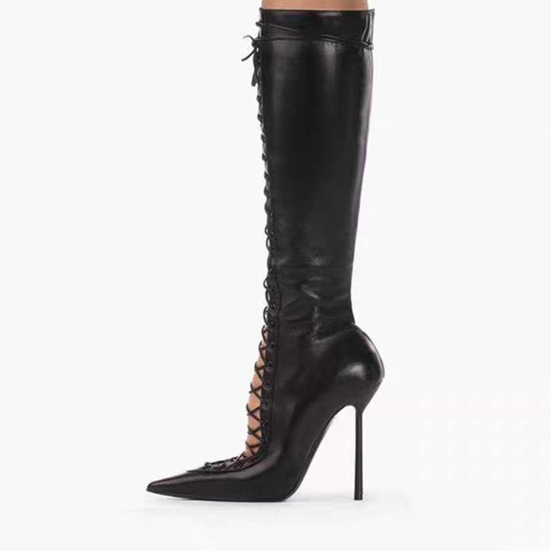 Pointed-toe Hollowed Cross Lace-up Stiletto Heel Sandal Boots - Image 5