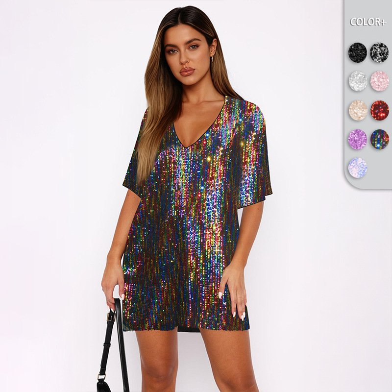 V Neck Sequin Skirt Set A Loose Elegant And Refined Dress - Image 2