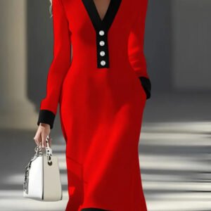 Commuting Color-block V-neck Midi Dress Casual