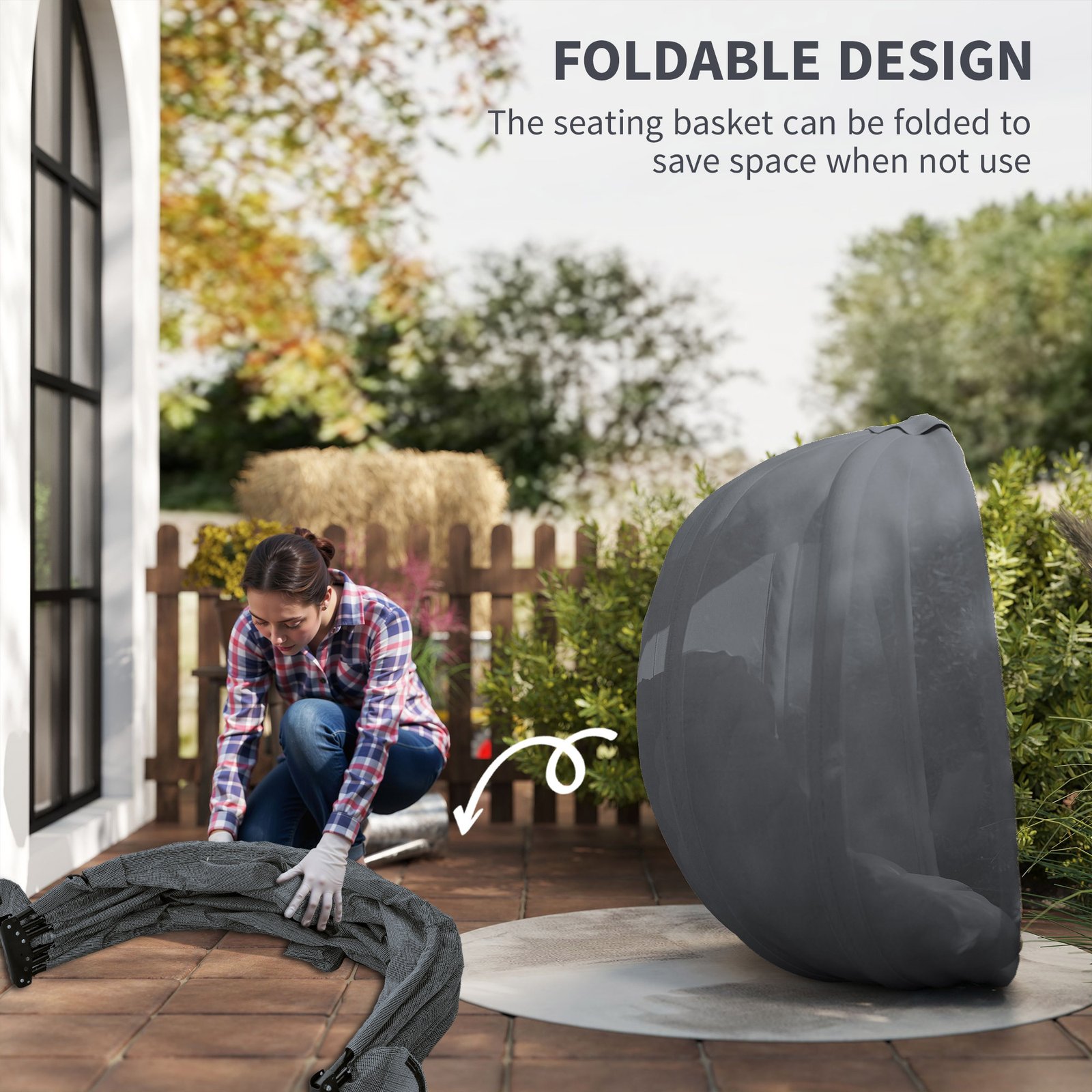 Hanging Egg Chair, Folding Texteline Swing Hammock With Side Pocket, Cushion And Stand For Indoor Outdoor, Patio Garden Furniture, Grey - Image 5