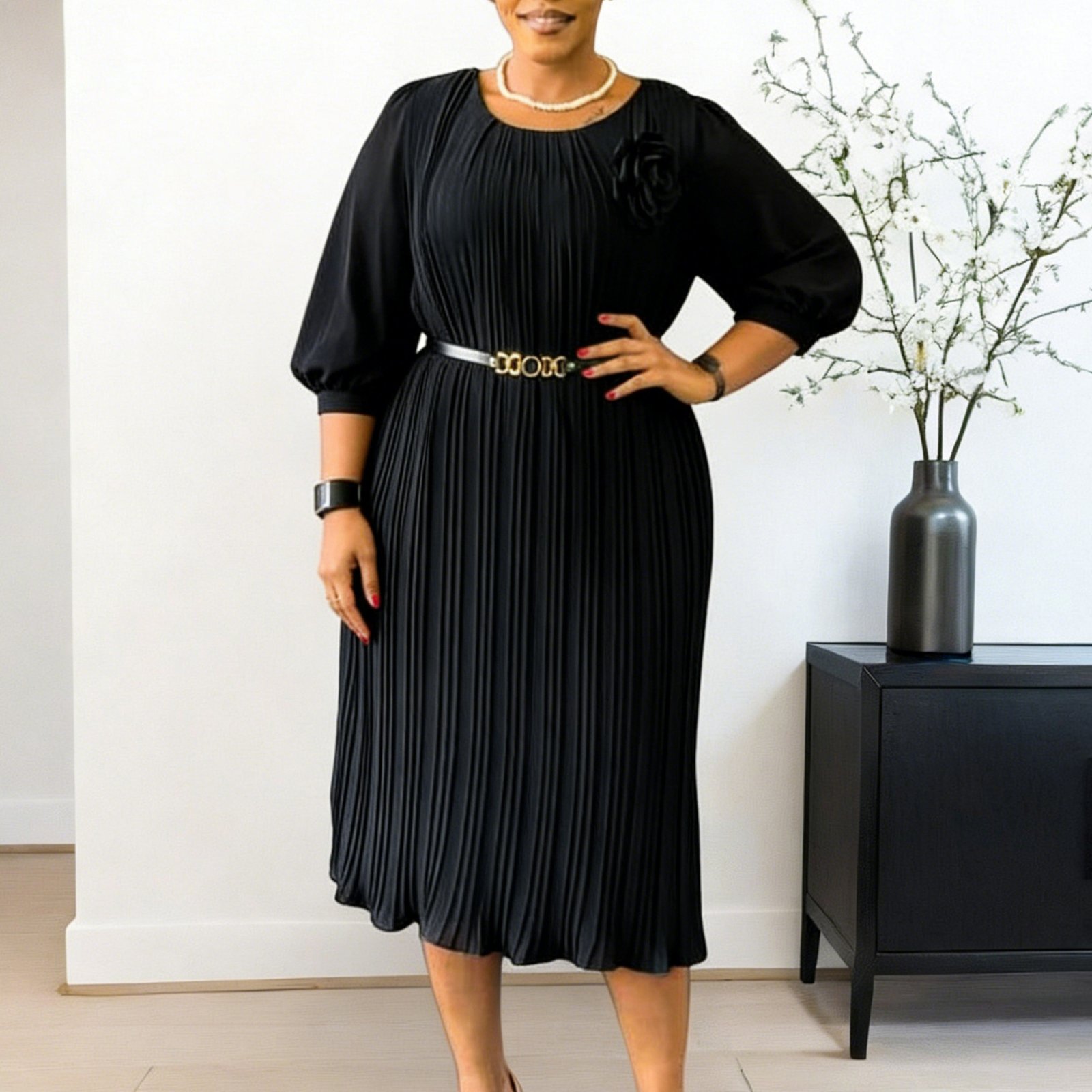 Square-neck Solid-color High-waist Ruffled Wrap Dress - Image 9