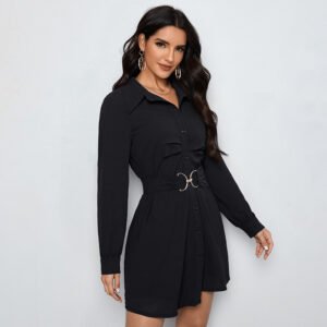 Womens Solid-Color Commuter-Style Shirt Single-Breasted Long-Sleeve Dress