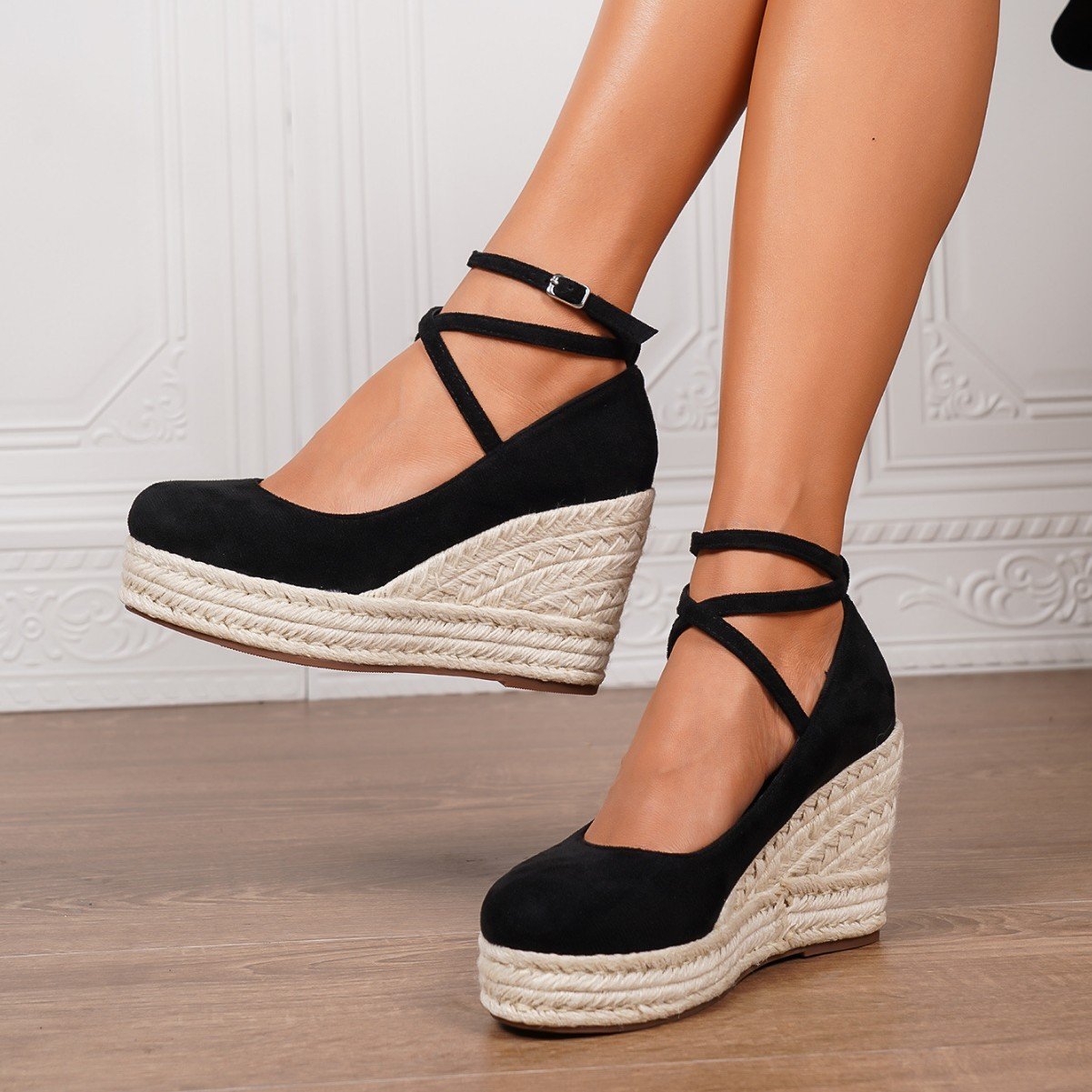 Solid Color Women's Ankle Strap Straw Woven Wedge Platform Shoes
