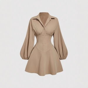 Sexy Lapel Blouse And A Fitted Bubble-sleeved Dress