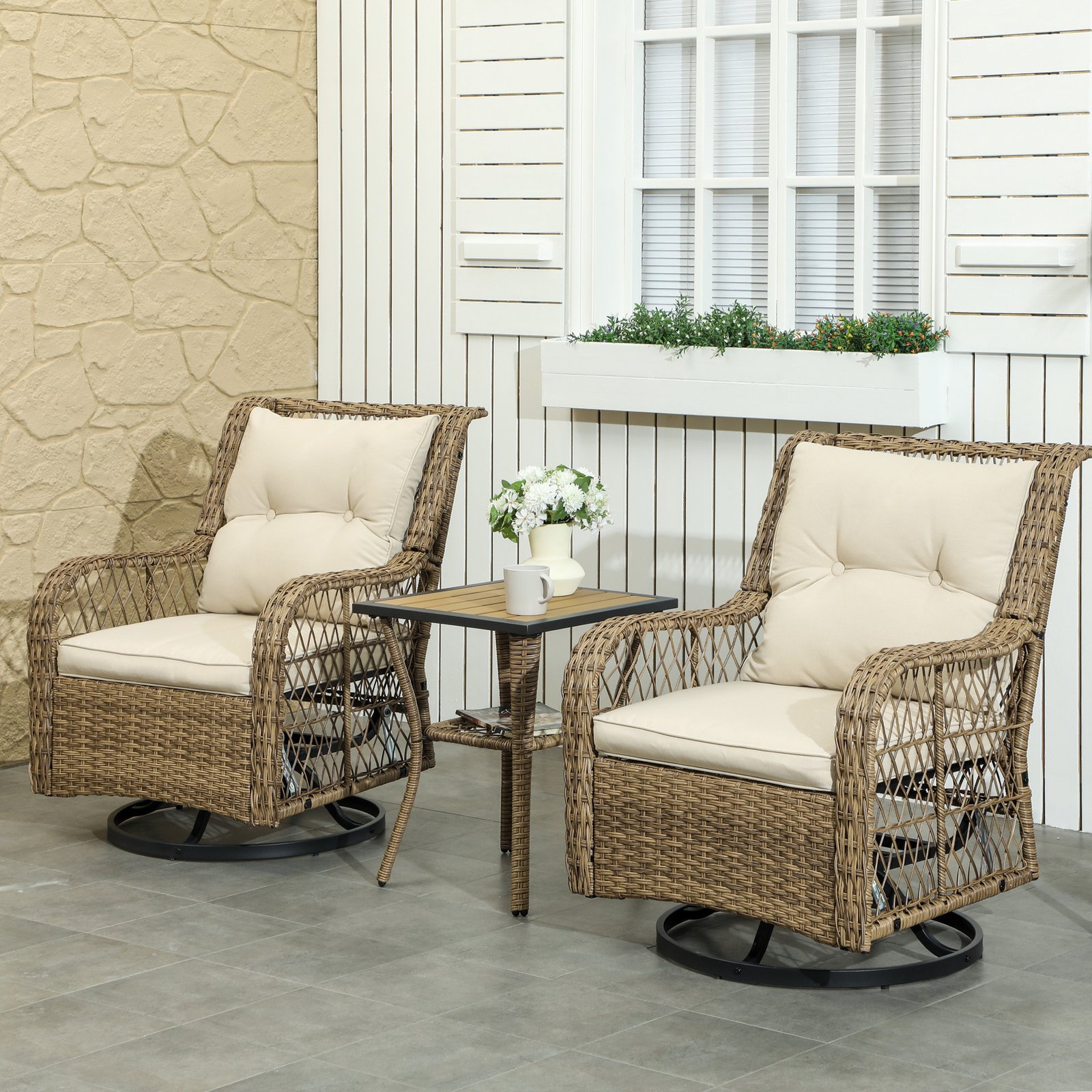 3 Piece Outdoor Bistro Set, Wicker Small Patio Furniture Set with Swivel Glider Chairs for Balcony, Porch, Beige