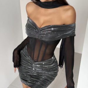 Sexy Mesh Corset With A Halterneck And Flowing Ribbon Mini Skirt