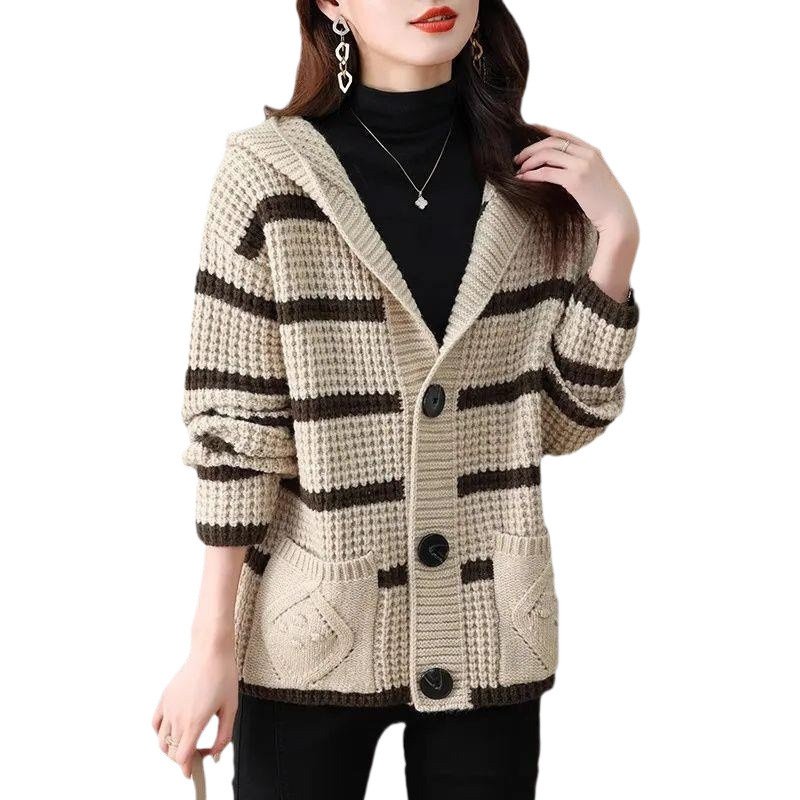 Retro Striped Hooded Cropped Sweater Coat - Image 4