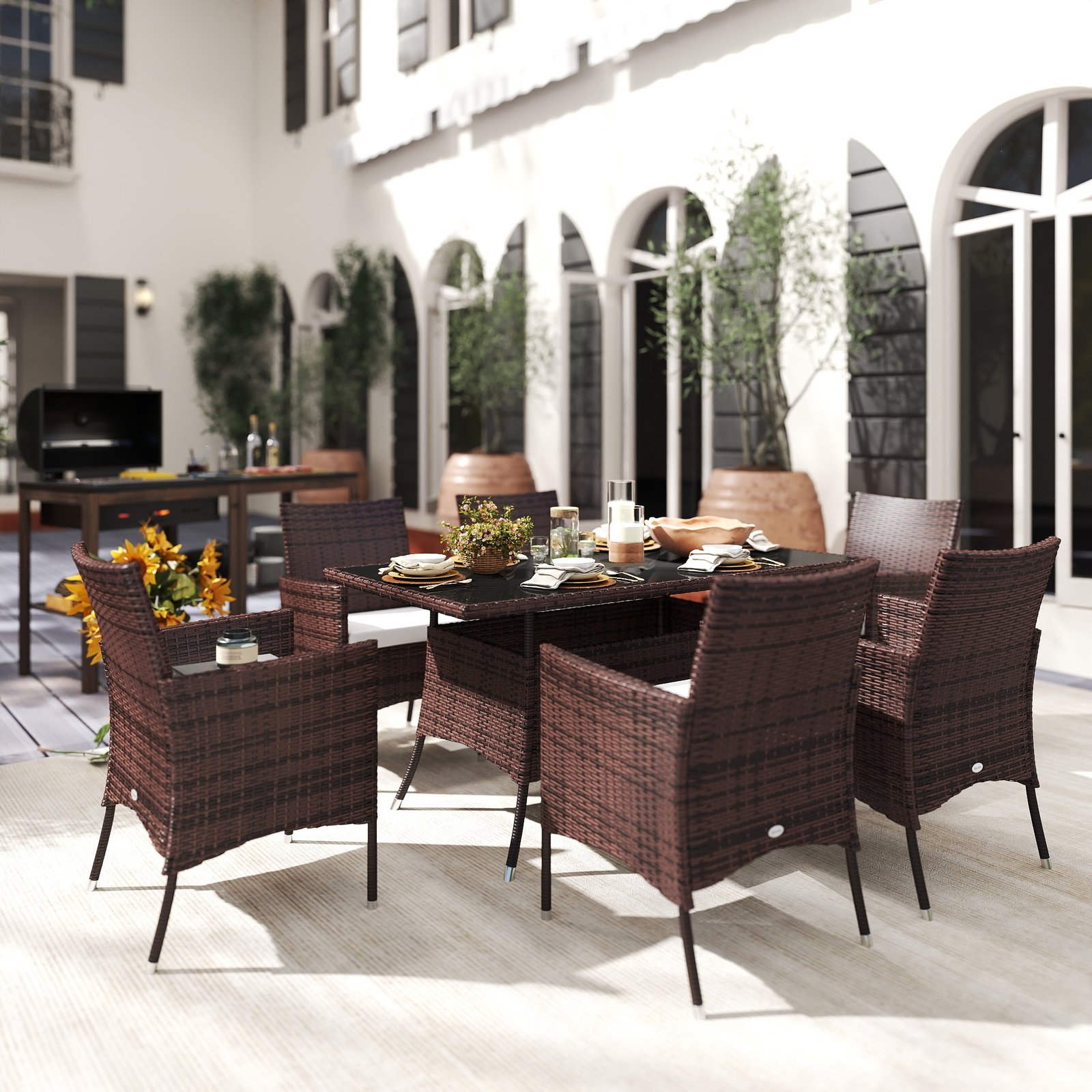6 Seater Rattan Dining Set With Cushions, Rattan Garden Furniture Set With 6 Armchairs, Rectangular Glass Top Table, Outdoor Dining Table And Chairs, Brown - Image 2