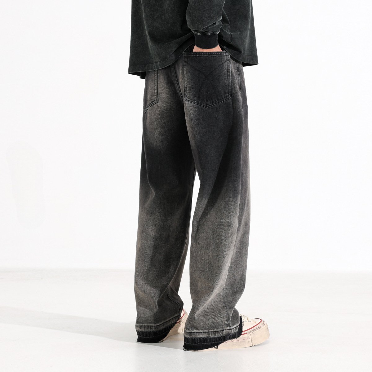 American-style Heavy Washed Black And Gray Straight Jeans Men's Loose Wide Leg Casual Trousers - Image 3
