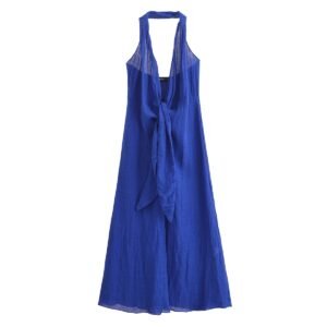 Womens Halterneck Backless Linen Blend Dress