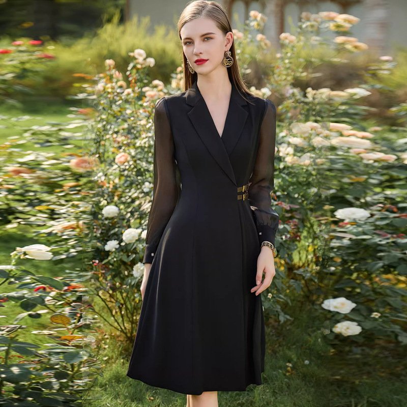 Stylish Black Lace-sleeve Waist-cinched Dress - Image 2