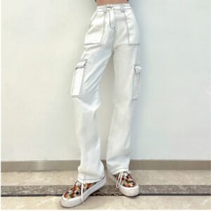 Stylish Multi-pocket Workwear Straight-leg Trousers High Waist Jeans