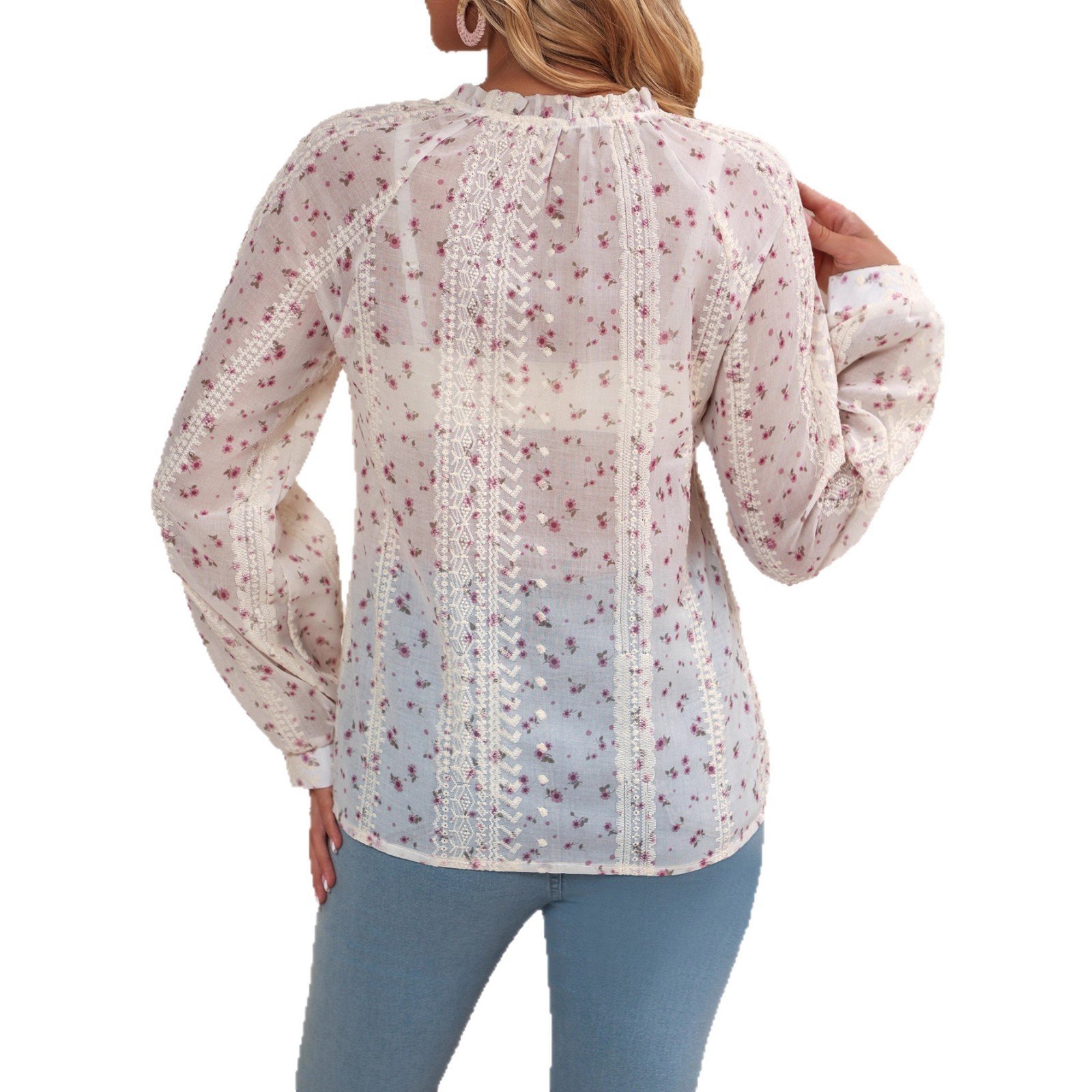 Womens Casual V-Neck Embroidered Shirt With Drawstring Trim - Image 5