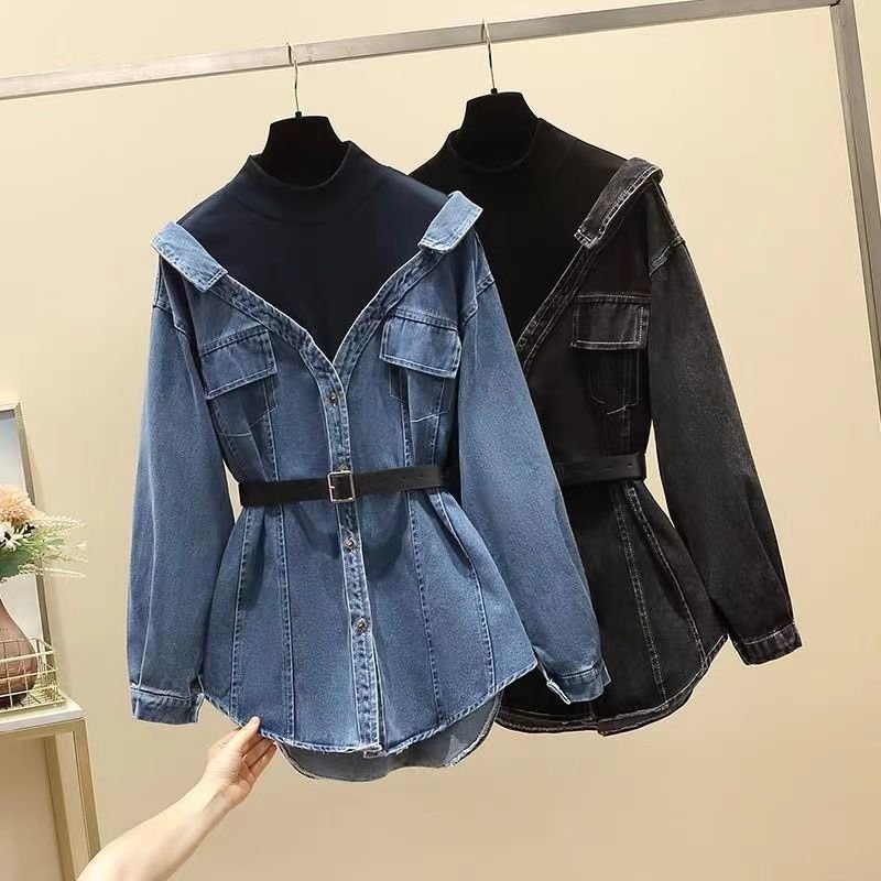 Women's Fashion Waist-Cinching Fake Two-Piece Long Sleeve Denim Jacket - Image 4