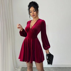 Retro Wine-red Velvet V-neck Dress With Lantern Sleeves