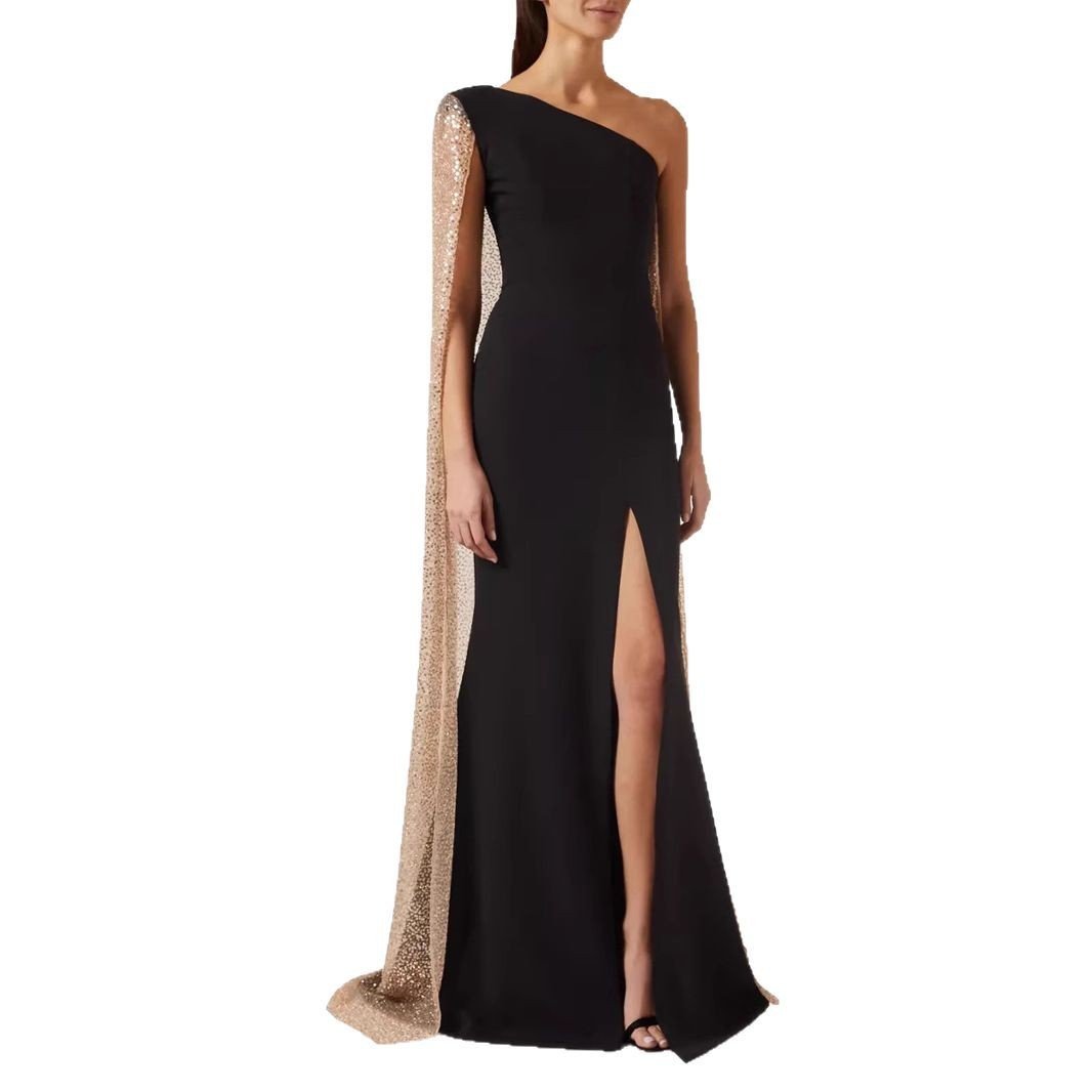 One-shoulder Cloak Slit Black Dress - Image 5