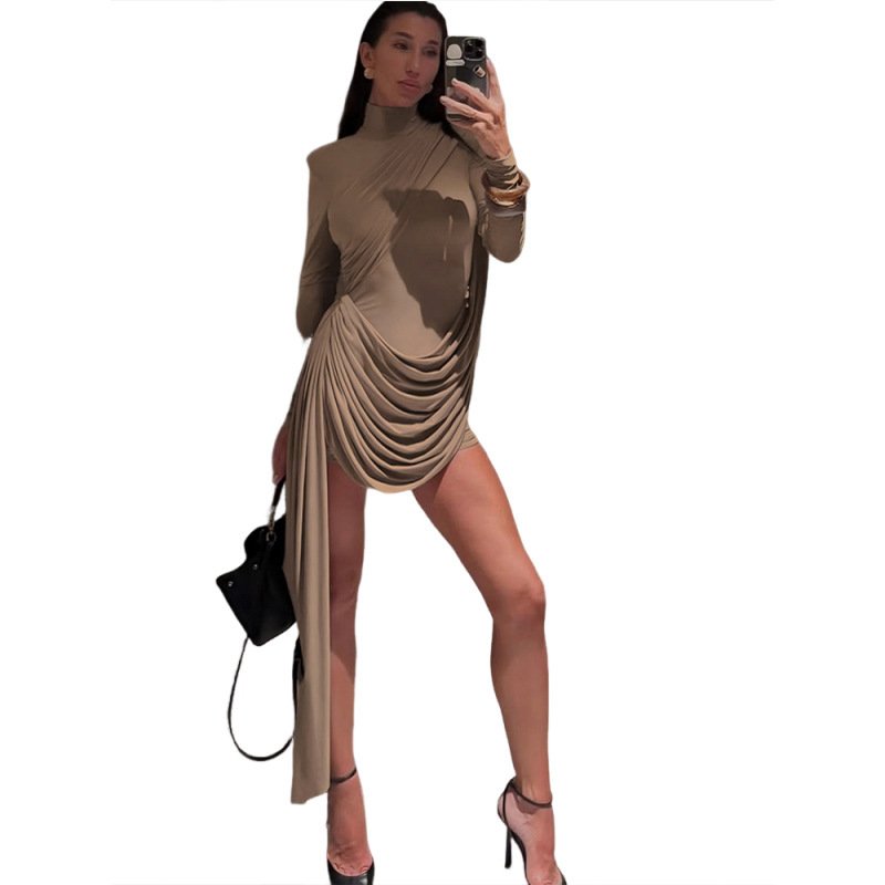 Womens Backless Crew-Neck Sheath Dress With Flowing Ribbons And Pleating - Image 5