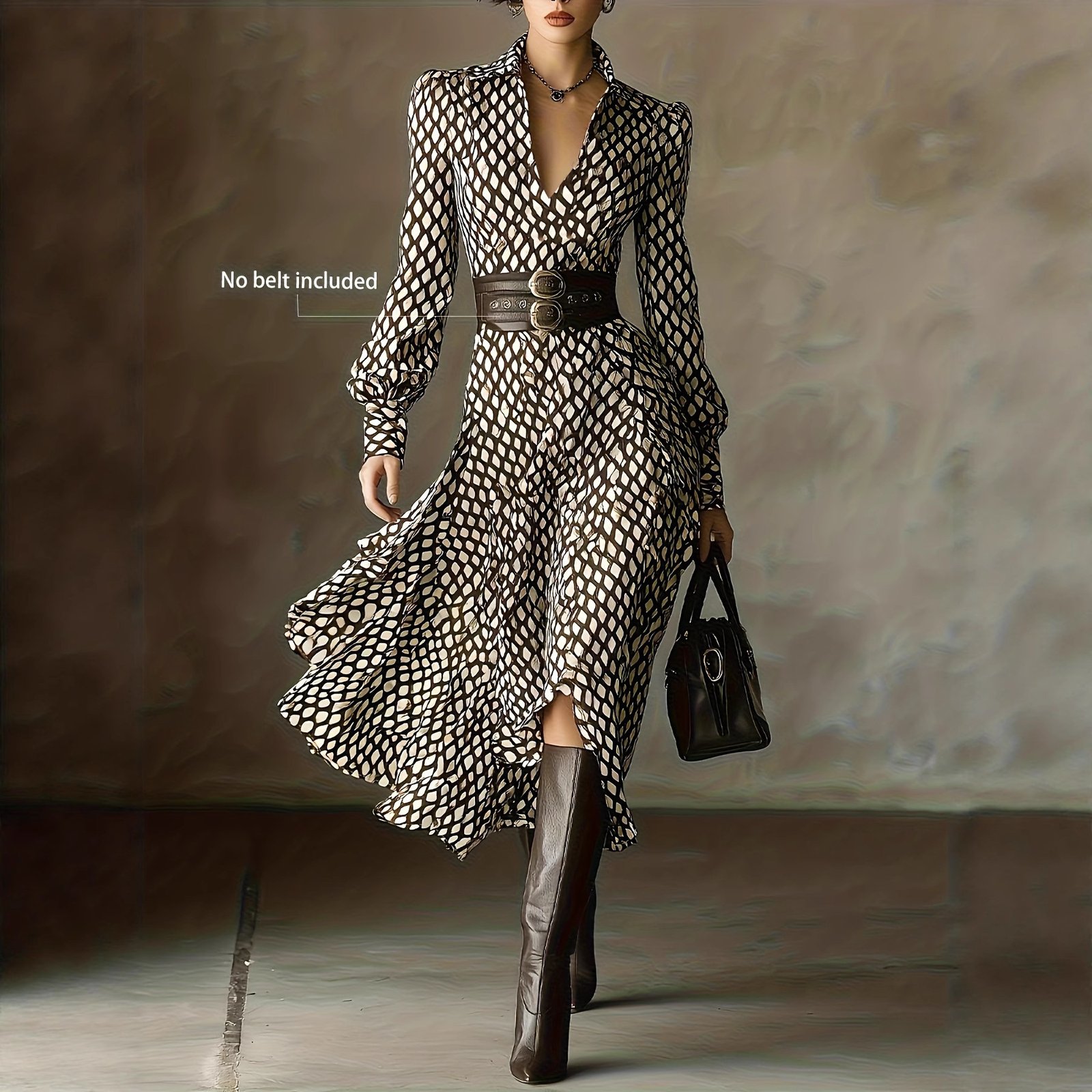 V-neck Puffy Long-sleeve High-waisted A-line Maxi Skirt For Women