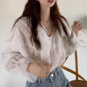 Womens Solid-Color Irregular Chiffon Long-Sleeve Shirt