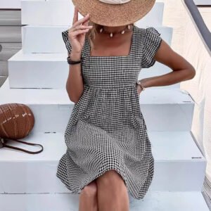 Square-neck Yarn-dyed Plaid Long-sleeve Loose-fitting Dress With Zippered Pockets