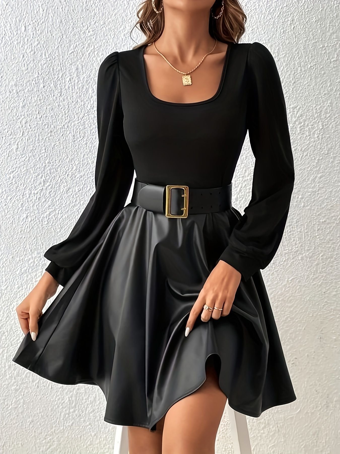 PU Leather Patchwork A-line Dress With A Square Neckline And Puff Sleeves - Image 6