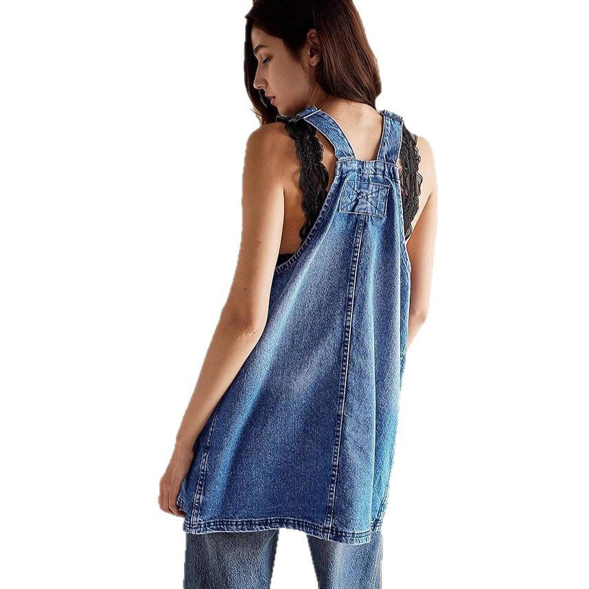 Adjustable Mini Denim Dress With Bib Pockets - Image 5