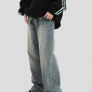 Worn Looking Washed-out Blue Jeans Loose Straight Trousers