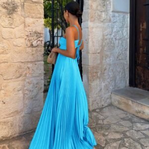 Ins Pleated Sleeveless Sling Dress Hollow High Waist Halter Robe Dresses For Evening Party Club Clothing Women