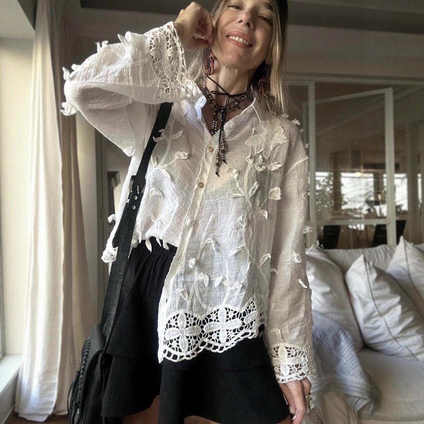 Crocheted Long-sleeved Shirt Autumn Top - Image 2
