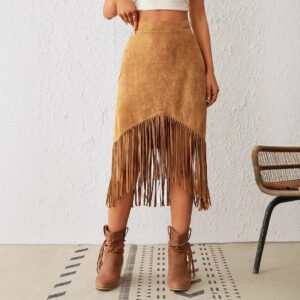 Women's Tassel Edge Asymmetrical Hem Solid Color Skirt