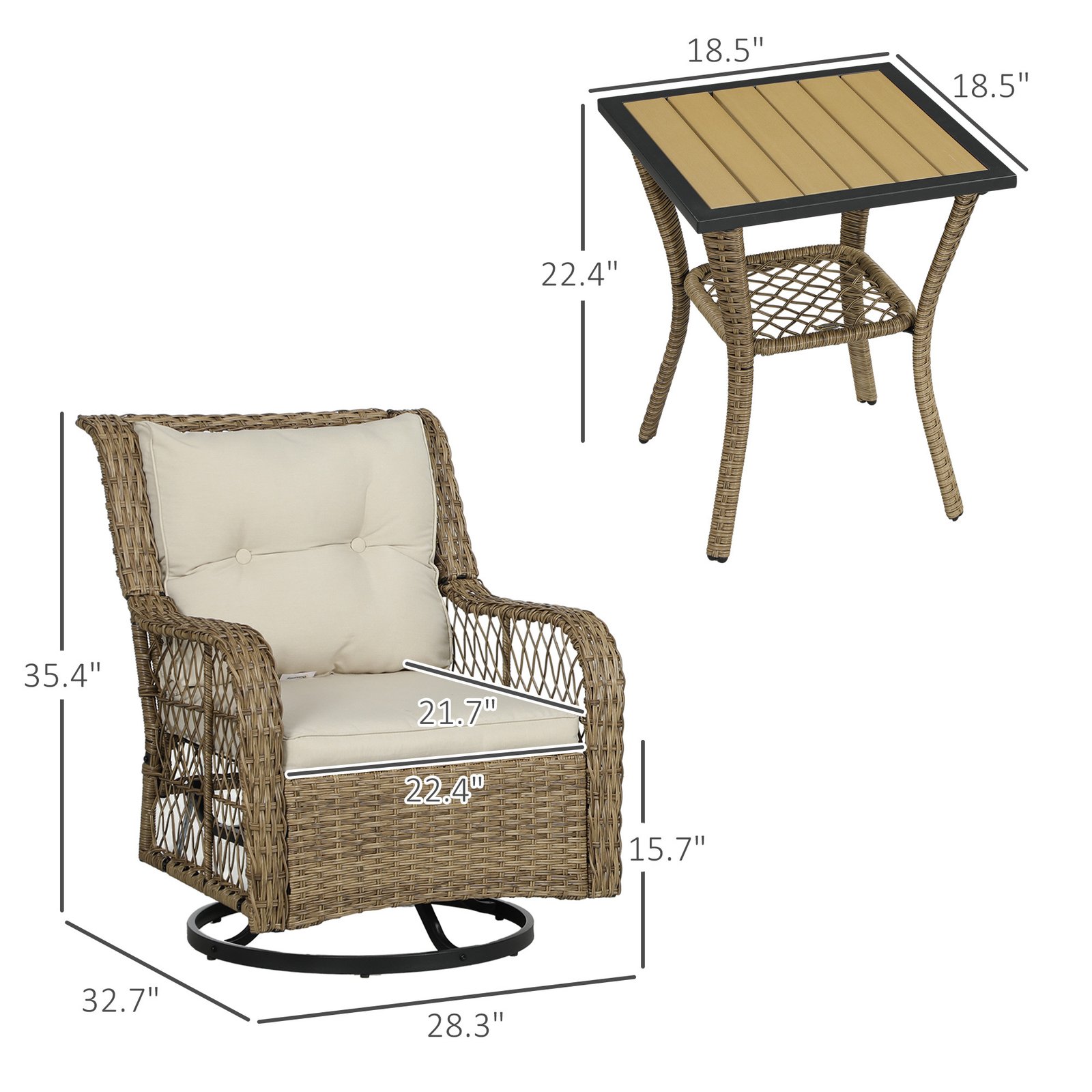 3 Piece Outdoor Bistro Set, Wicker Small Patio Furniture Set with Swivel Glider Chairs for Balcony, Porch, Beige - Image 3