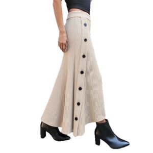 High-waisted Knit Midi Skirt With Side-button Detailing For A Slimming Fit