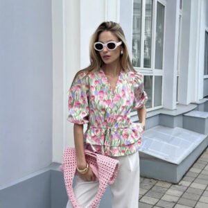 Drawstring Laced Puffed Sleeve V Neck Women's Blouse