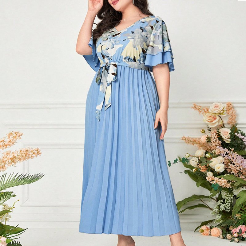 Printed V-neck Spliced Slim-fit Ladies Dress - Image 4
