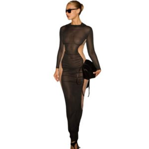 New Autumn Fashionable Sexy Mesh Sheer Color-Block High-Waist Bodycon Dress For Curvy Women