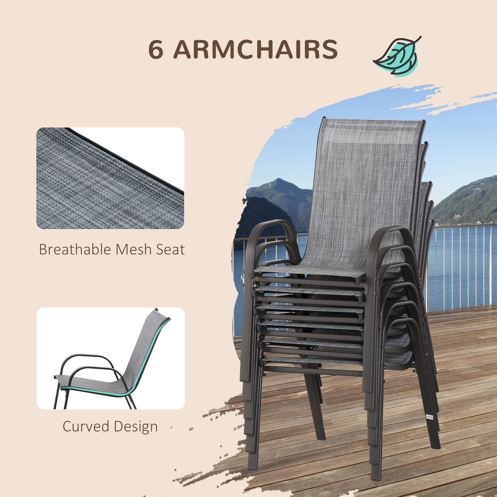 8 Pieces Patio Furniture Set with 9Ft Patio Umbrella, Outdoor Dining Table and Chairs, 6 Chairs, Push Button Tilt and Crank Parasol, Tempered Glass Top, Gray - Image 6
