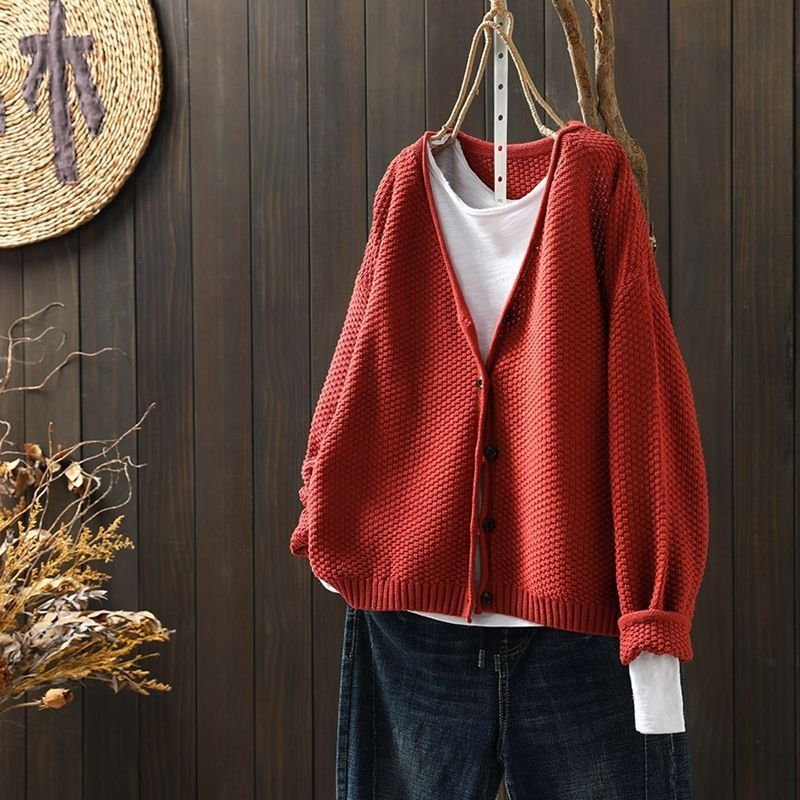 Retro Artistic V-Neck Knitted Sweater Coat - Image 3