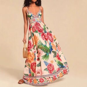New Strap Print V-Neck Extra-Long Knitted Dress