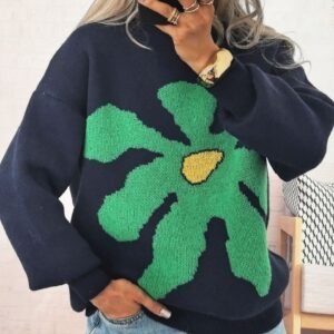 Casual Loose Knitted Round Neck Large Flower Jacquard Contrast Color Sweater